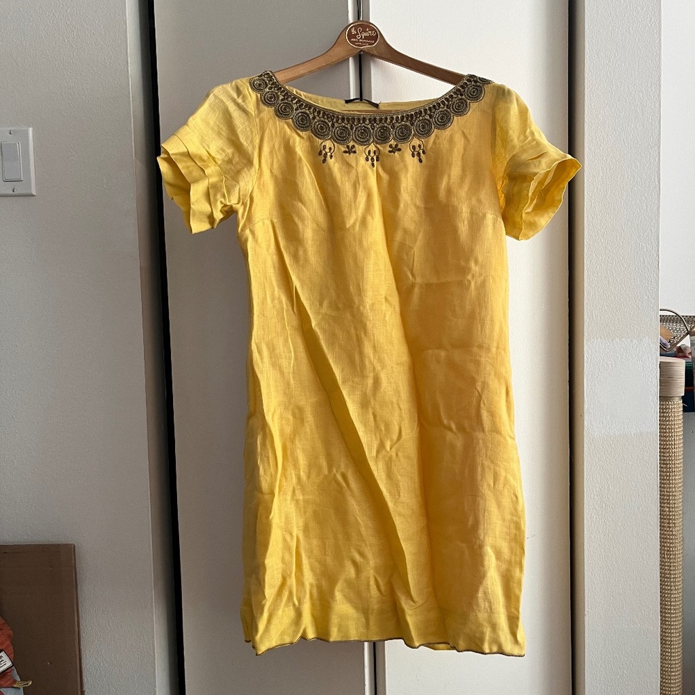 Elie Tahari yellow dress with beaded collar hem